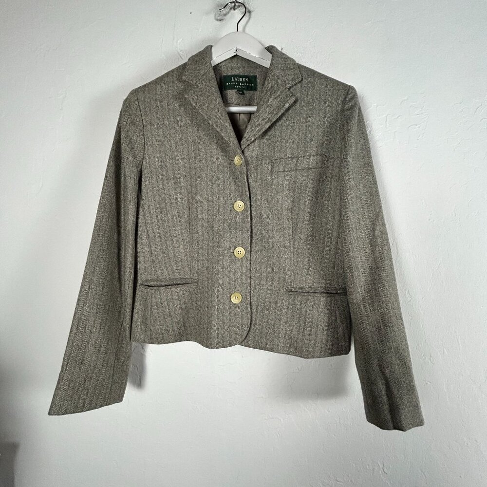 Lauren Ralph Lauren Womens Herringbone Wool Cropped Blazer Jacket 12P Gray Lined